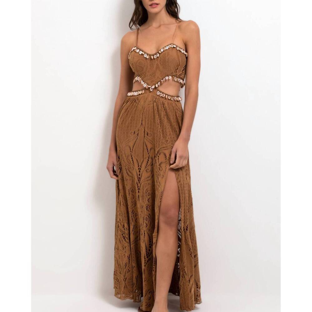 NEW PATBO beaded seashell cut-out maxi dress in almond